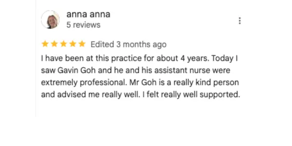 Patient review highlighting Dr. Gavin Goh's preventive care expertise and professional service