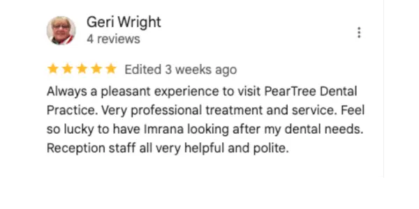 Patient testimonial about Dr. Imrana Ishaque's exceptional cosmetic dentistry and aesthetic treatments