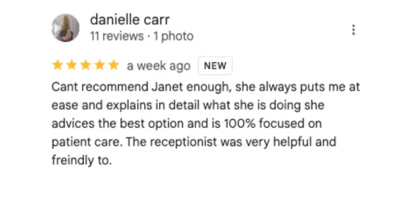 Patient testimonial about Dr. Janet Kerr's gentle approach and excellent dental care