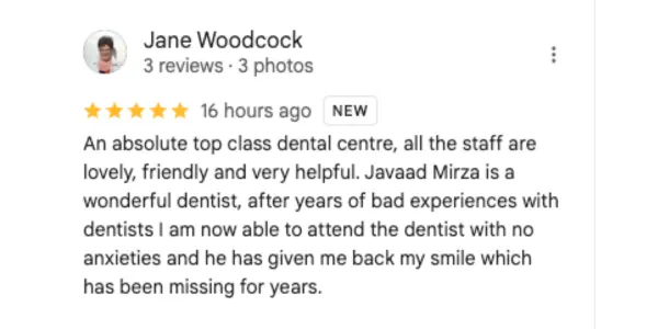 Patient testimonial about Dr. Javaad Mirza's excellent dental care and professional service